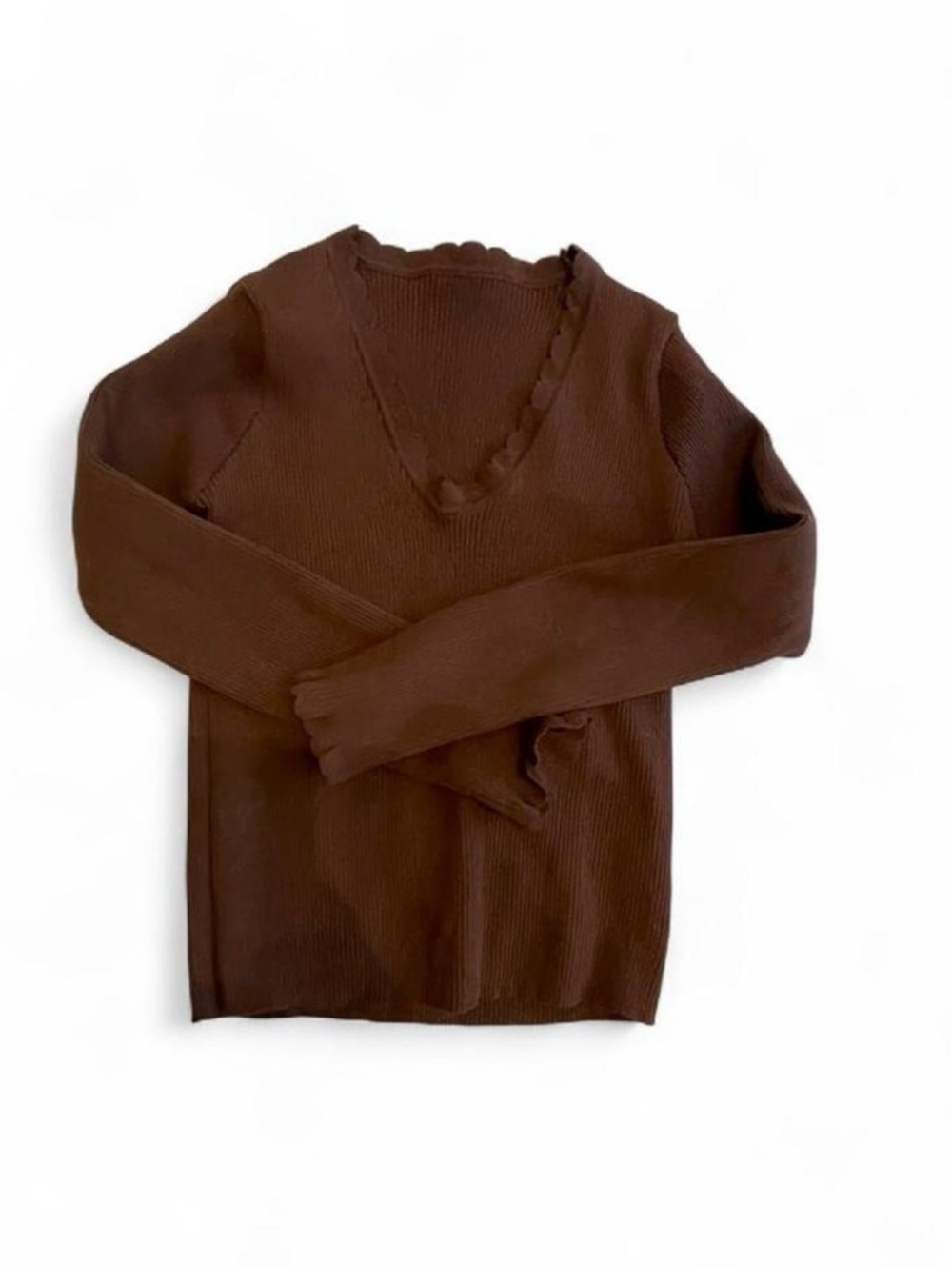 V-Neck Ribbed Long Sleeve Sweater — Dark Brown in size M